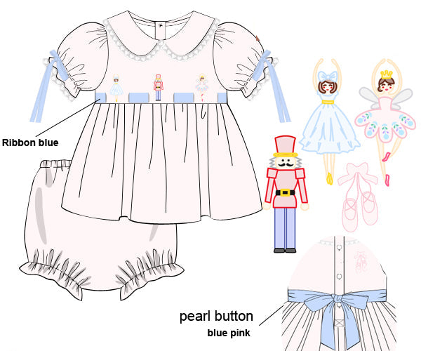 Children's dress pattern with embroidery and accessory illustrations