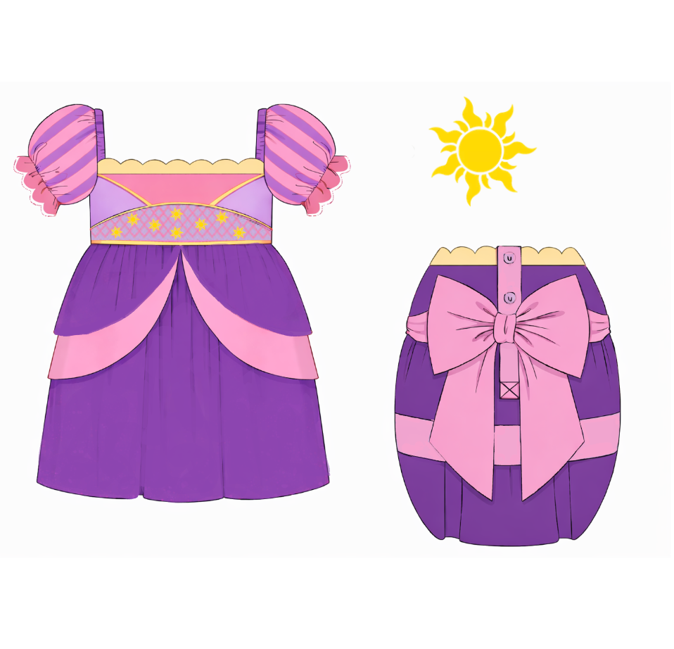 Purple and pink dress with a bow on a white background