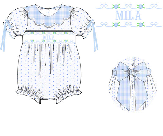 Heirloom Blue Name Smocked Rosettes Bubble | 95% Cotton, 5% Spandex