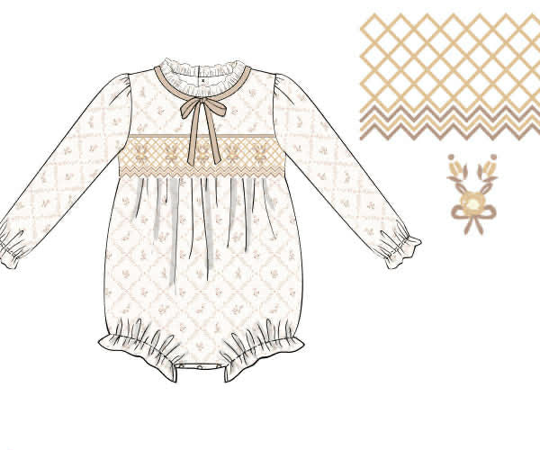 Illustration of a baby dress with a bow and long sleeves on a white background.